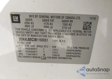 2011 Chevrolet Equinox Ls z USA, uszkodzony, nr VIN 2GNALBEC3B1168661